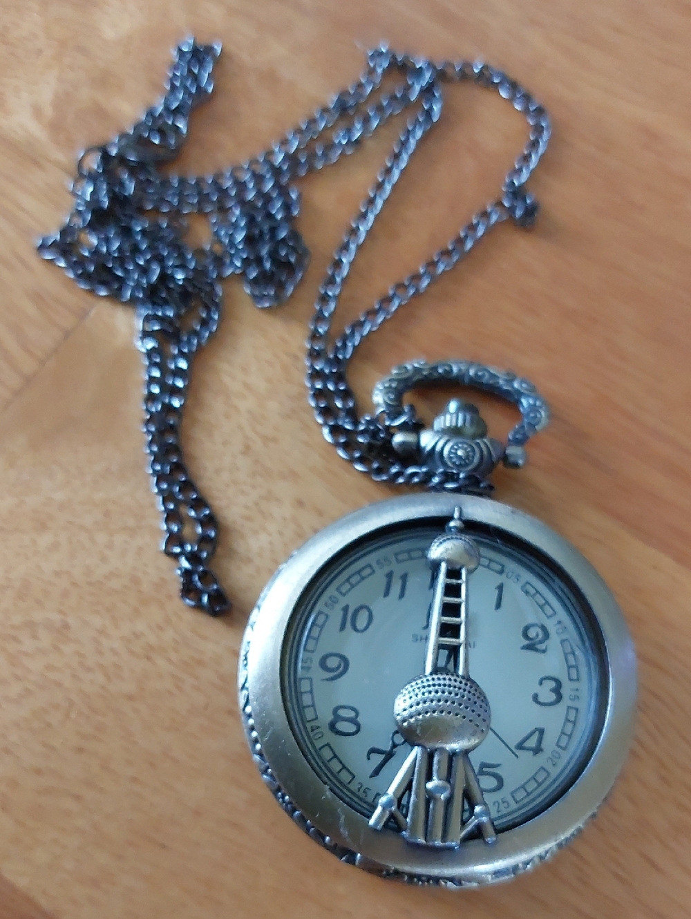 Chinese Pearl Tower Antiqued Bronze Pocket Watch New Necklace